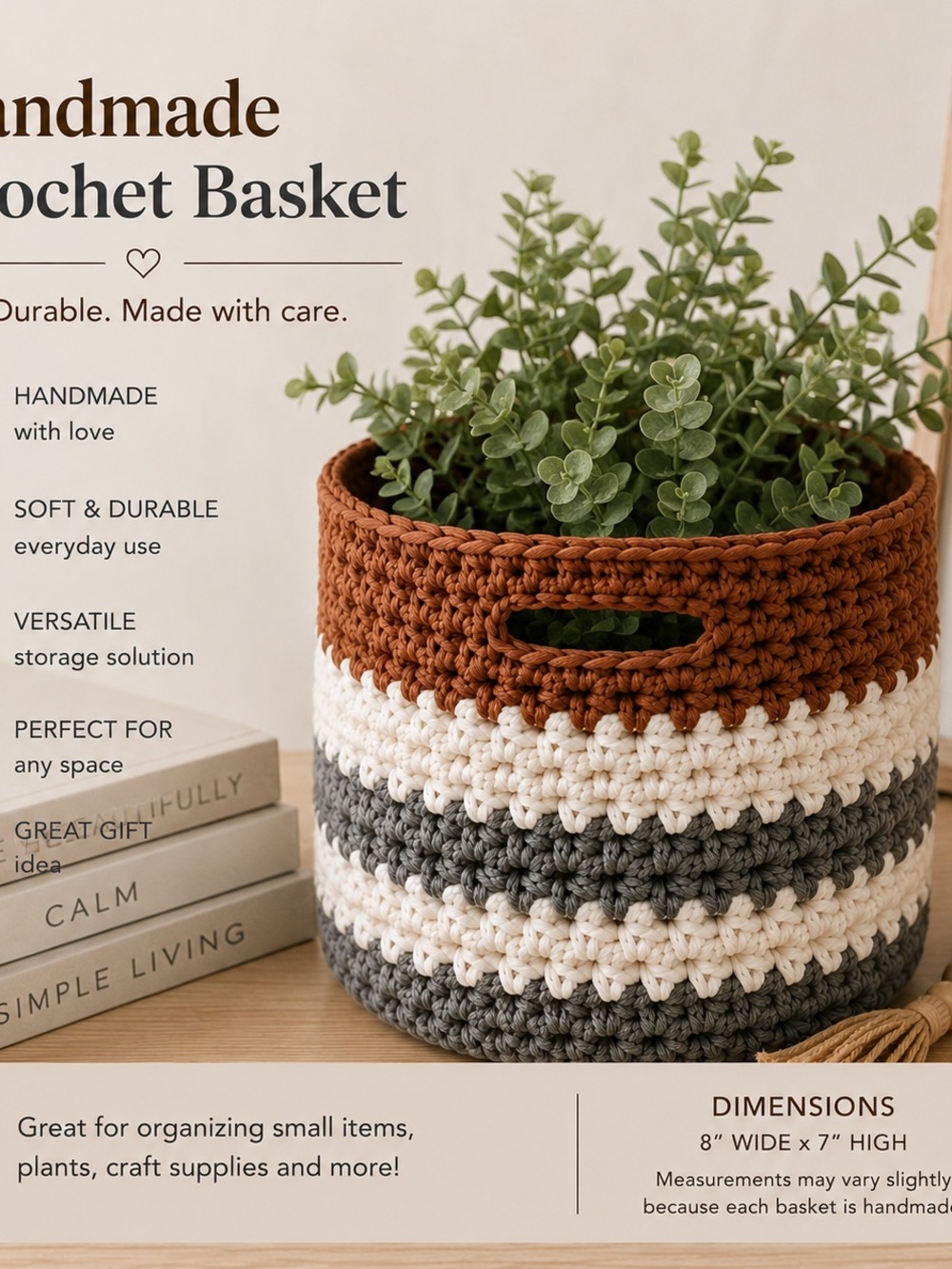 Handmade Crochet Storage Basket - Rust, Cream & Gray